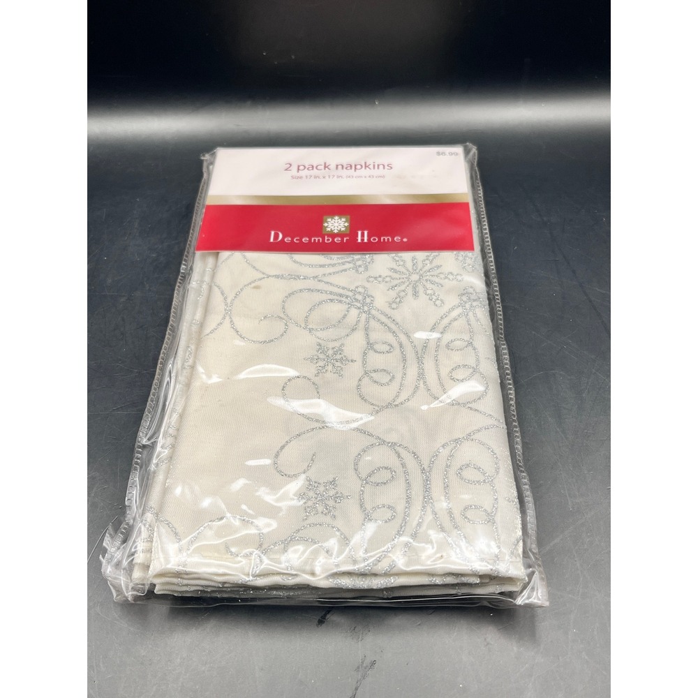 December Home 2-Pack Napkins Cream Silver Glitter Snowflake Swirl Holiday As Is